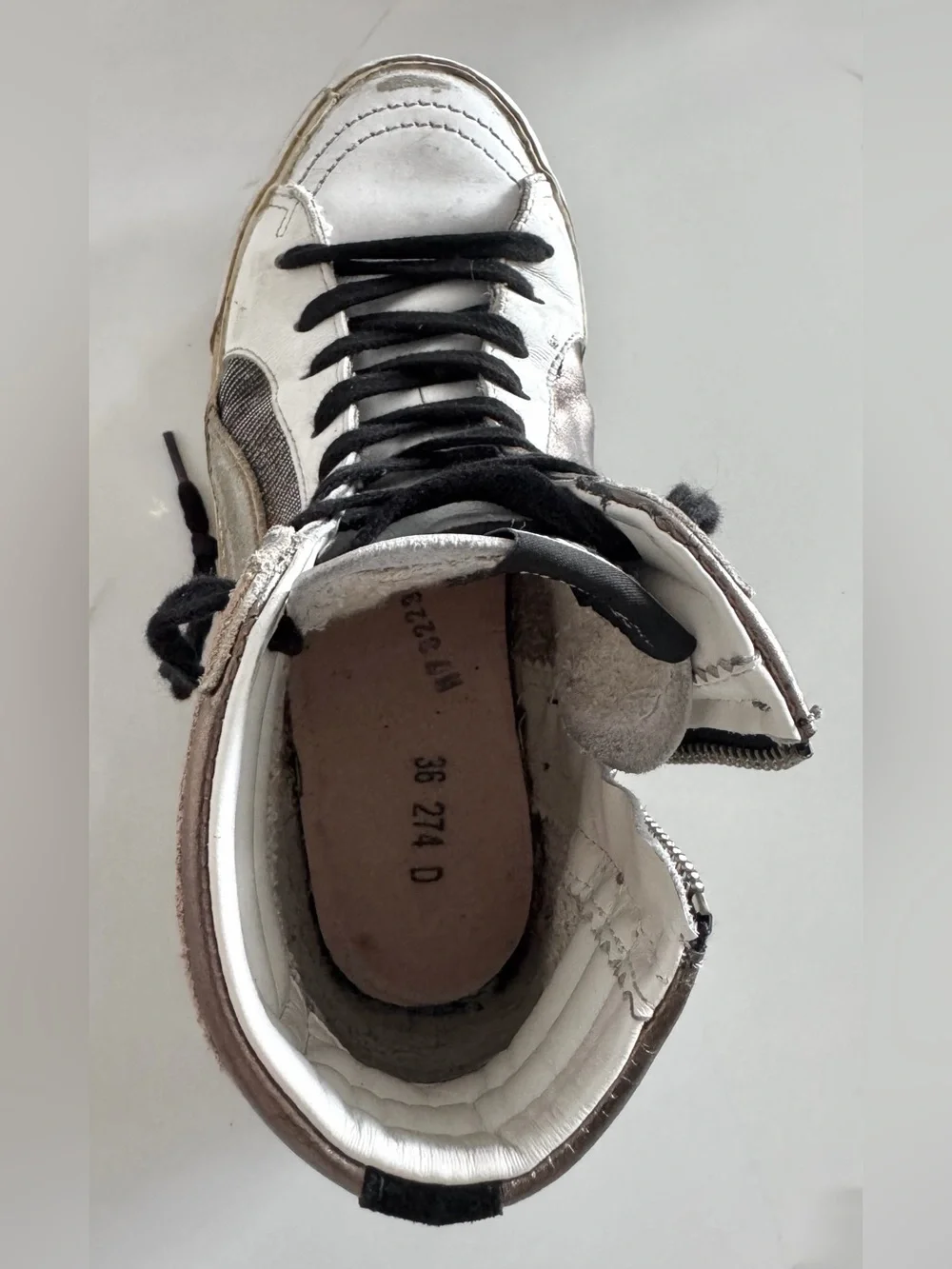 Golden Goose Size 36 US 6 Slide distressed Leather And Lurex High Top Sneakers